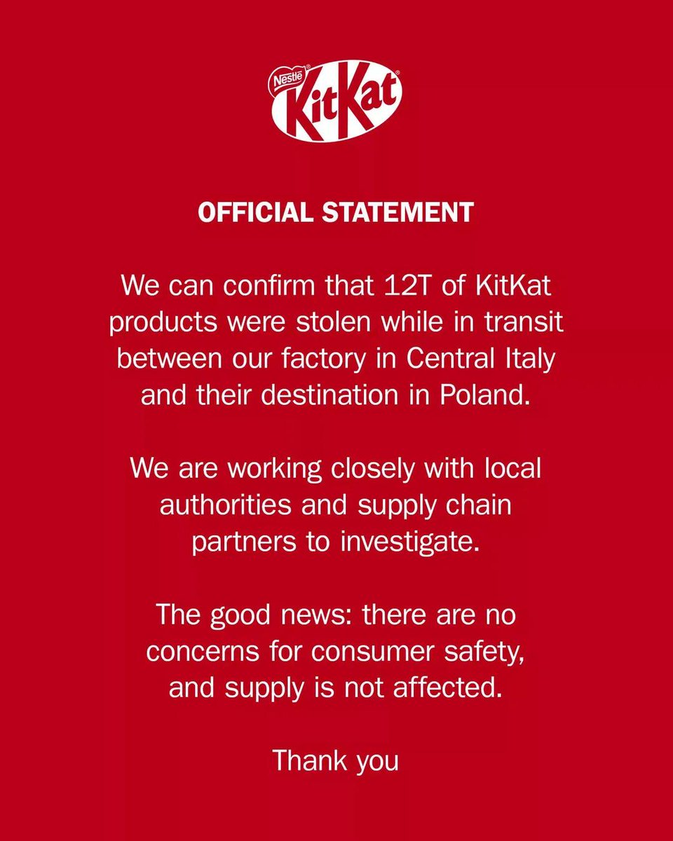 prachiii_rwt's tweet image. 🚨 BREAKING 🚨
12 TONS OF KITKATS! STOLEN! 12 TONS! 😱😭
I just saw it on their account on the other app; KitKat announced that that much chocolate was stolen while being shipped from Italy to Poland 😭😭
It’s such a shame, especially since they say KitKats produced in Europe