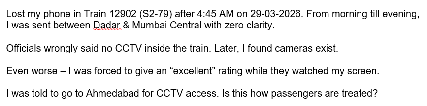 _Ankith_Shaju_'s tweet photo. Lost my phone in Train 12902 (S2-79) From morning till evening, I was sent between Dadar &amp; Mumbai Central with zero clarity.

Need urgent action. @RailMinIndia @WesternRly @RPF_INDIA @drmbct @GRP_Mumbai @RailMadad @AshwiniVaishnaw @CPMumbaiPolice

#IndianRailways #PassengerRights https://t.co/QEzOycADgK