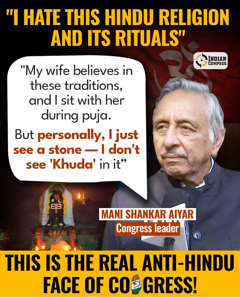 India thrives on diversity and mutual respect. Targeting any religion hurts the social fabric of our nation.
Mani Shankar Aiyar must take responsibility.
#ShameOnManiShankarAiyar
#Congress_Insults_Hindus