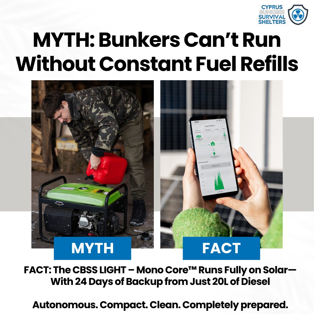 cyprusbunkers's tweet image. ⚡ Myth: Needs constant fuel.

Fact: Solar-powered.
Minimal diesel backup.

Autonomous energy.

#CBSS #Cyprus #Limassol #Nicosia #Bunkers #Shelters #CivilDefense #Κύπρος #Λεμεσός #Λευκωσία #Кипр #Лимассол #Никосия #קפריסין #לימסול #ניקוסיה #قبرص #ليماسول #نيقوسيا