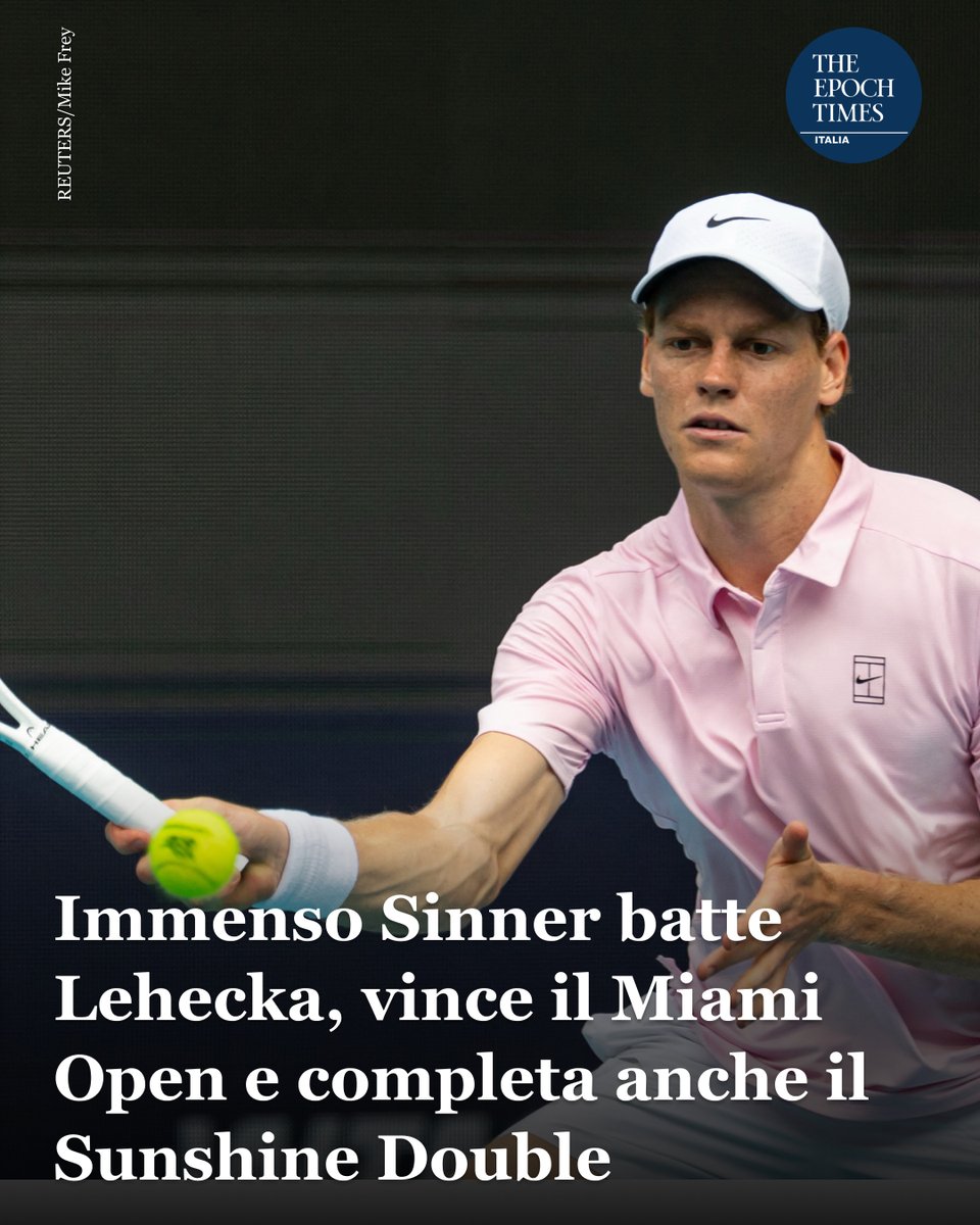 EpochItalia's tweet photo. Jannik Sinner entra nella storia: vince il Miami Open battendo Jiří Lehečka (6-4, 6-4) e completa il prestigioso “Sunshine Double” senza perdere un set.
L’azzurro domina al servizio, annulla tutte le palle break e allunga a 17 la striscia di partite vinte nei Masters 1000 senza concedere set.
È il primo a riuscirci dal 2017, quando ci riuscì Roger Federer.
Un traguardo storico che lo proietta tra i grandi di sempre.