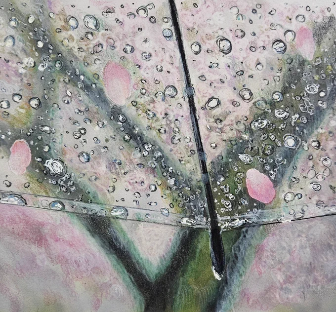 色鉛筆で描いた雨の日の桜 今週は雨が続いてせっかく咲いたのに散ってしまうけど雨の桜も悪くない #桜