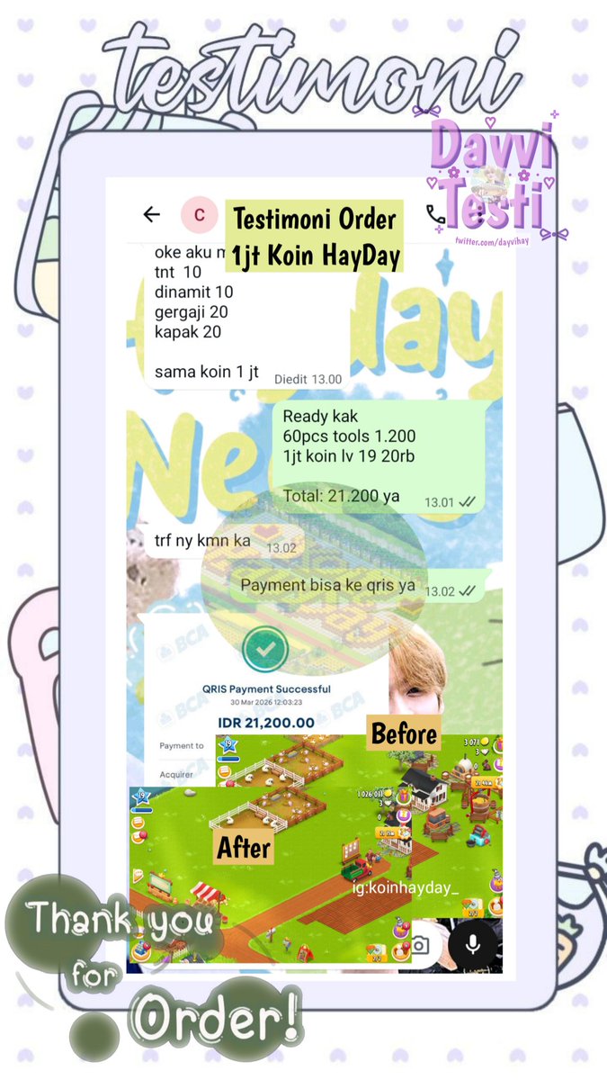 dayvihay's tweet photo. ⚡ Jajan-jajan Hayday Needs
ෆ Koin Hayday
ෆ Thank You For Order 🌷 https://t.co/0uv3CzBxYH