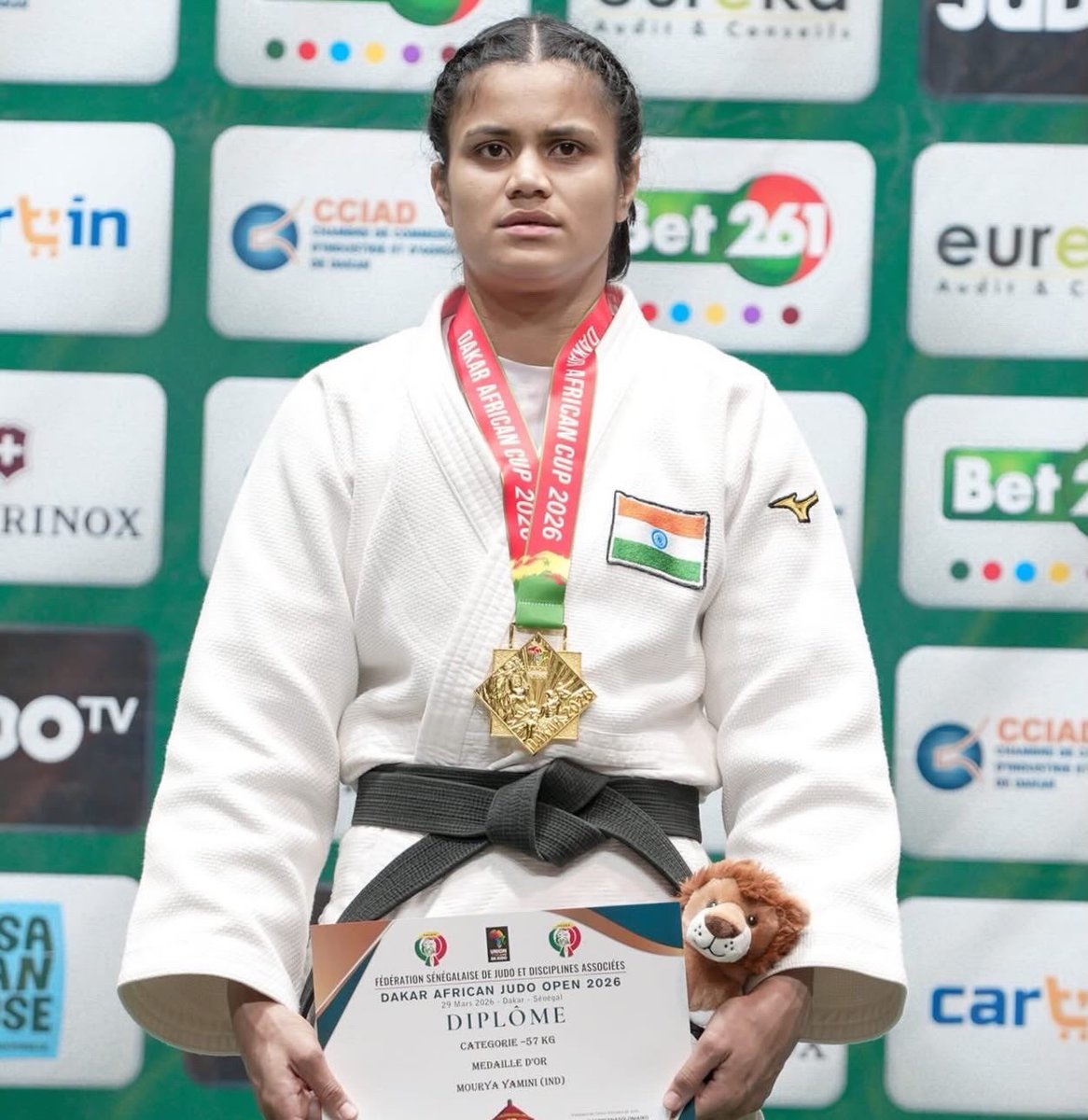 IIS_Vijayanagar's tweet image. Golden girl Yamini Mourya! 🥇🥋

#TeamIIS judoka Yamini Mourya clinches gold in the Women’s -57kg category at the African Open 2026 in Dakar.

A statement performance, raising the bar even higher. 👊

#TeamIIS #Judo #CraftingVictories 🇮🇳