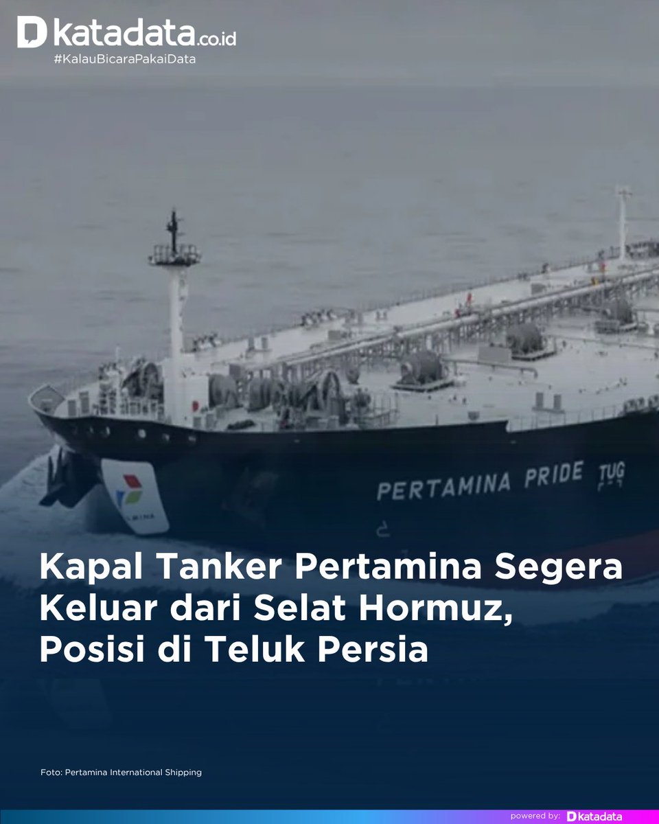 KATADATAcoid's tweet photo. Kementerian Luar Negeri (Kemlu) Republik Indonesia menyatakan pemerintah Iran telah merespons positif permintaan pemerintah Indonesia agar dua kapal tanker Pertamina, yakni VLCC Pertamina Pride dan Gamsunoro dapat segera melintas Selat Hormuz dengan aman. 

Juru Bicara Kemlu RI Vahd Nabyl A. Mulachela mengatakan Kemlu bersama Kedutaan Besar Republik Indonesia (KBRI) di Teheran telah melakukan koordinasi intensif dengan semua pihak terkait di Iran untuk keselamatan tanker tersebut. 

Berdasarkan penelusuran Katadata di situs https://t.co/puuN3Wkyvm, pada Senin (30/3), kapal tanker Pertamina Pride saat ini berada di Teluk Persia. Kapal tersebut dikabarkan akan menuju Indonesia dan diperkirakan tiba pada 2 April 2026.

Selengkapnya: https://t.co/pQU9PZapL9

#Pertamina #SelatHormuz #Katadatacoid #KalauBicaraPakaiData