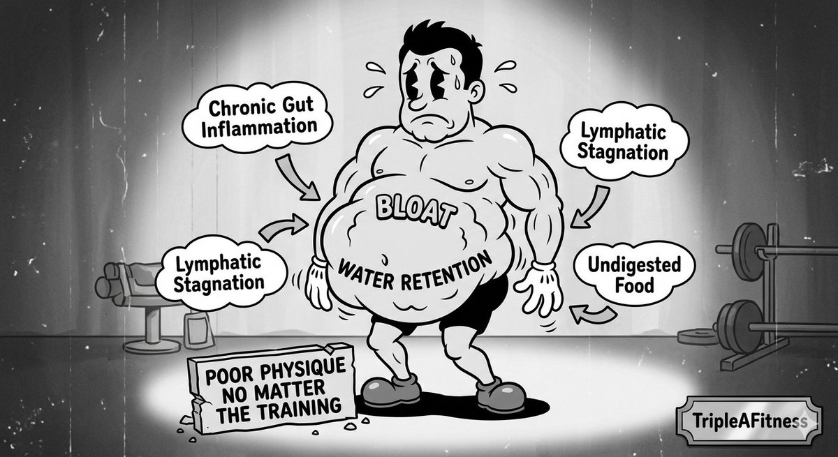 tripleAFitness's tweet photo. At any given time, the average guy is walking around with:

- Lymphatic stagnation
- Chronic low-grade gut inflammation
- 4-5 lbs of water retention
- 3-5 lbs of undigested food sitting in his gut

Result? A constantly distended, puffy midsection that ruins your physique no matter how hard you train.

This isn’t just “belly fat”,  it’s bloat killing your confidence and V-taper.

If your belly looks bloated even when you’re lean, it’s time to fix the gut + lymphatic system, not just do more crunches.

Drop “FIX” below if you want my 7day protocol to finally get rid of that bloated belly look and reveal the abs hiding 
underneath.

#tripleAFitness #GutHealth #BellyBloat #MensFitness