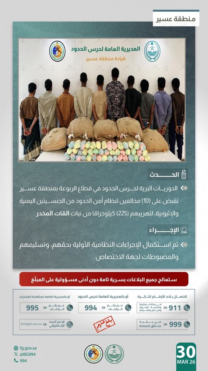 القبض على 10 من جنسيات إثيوبية ويمنية في منطقة عسير