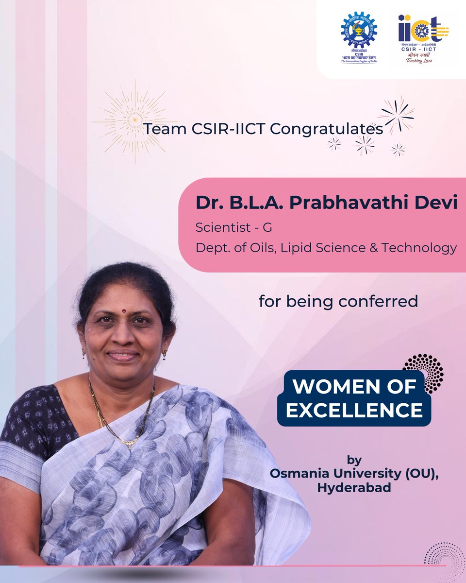 csiriict's tweet image. CSIR–IICT congratulates Dr. Prabhavathi Devi! 🎉

She has been honored with the Women of Excellence Award at OUIWC 2026 on the theme “Give to Gain: Women Power for Sustainability”.
@CSIRIndia @IndiaDST @AcSIR_India 
#csiriict #womeninscience #womenofexcellence #WomenInSTEM
