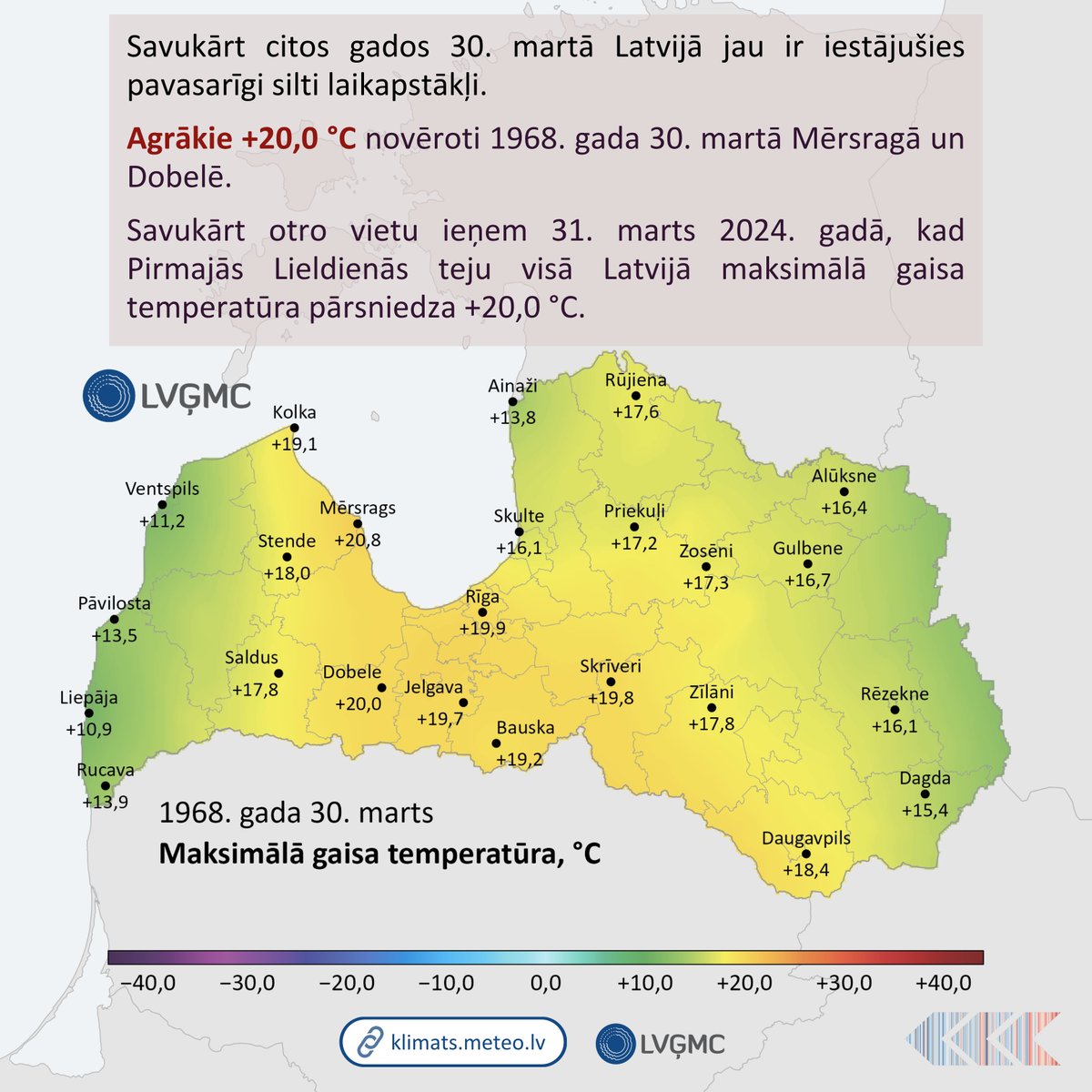 LVGMC_Meteo's tweet photo. ☀️ Pavasaris meteoroloģisko novērojumu vēsturē ir kontrastiem pilns.

🌡️ Tieši 30. martā dažādos gados reģistrēts gan vēlākā –25,0 °C sala, gan agrākā +20,0 °C siltuma rekords.

🔗 Vairāk par agrākā un vēlākā aukstuma un siltuma rekordiem: https://t.co/BaAonmyqlj
#klimats https://t.co/KlWvI3MZNu