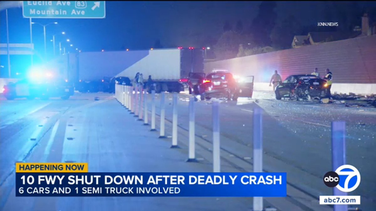 ABC7's tweet image. #TRAFFIC ALERT: Most westbound lanes of the 10 Freeway are shut down in Ontario following a deadly crash involving several vehicles. abc7.com/traffic/