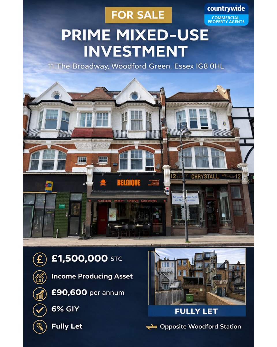 cwidecomm's tweet photo. FOR SALE
Prime Mixed-Use Investment
11 The Broadway, Woodford Green, IG8

Then a neat bottom panel with:
£1,500,000 STC
£90,600 pa income
6% GIY
Fully let
Opposite Woodford Station https://t.co/4oTyV8nW16