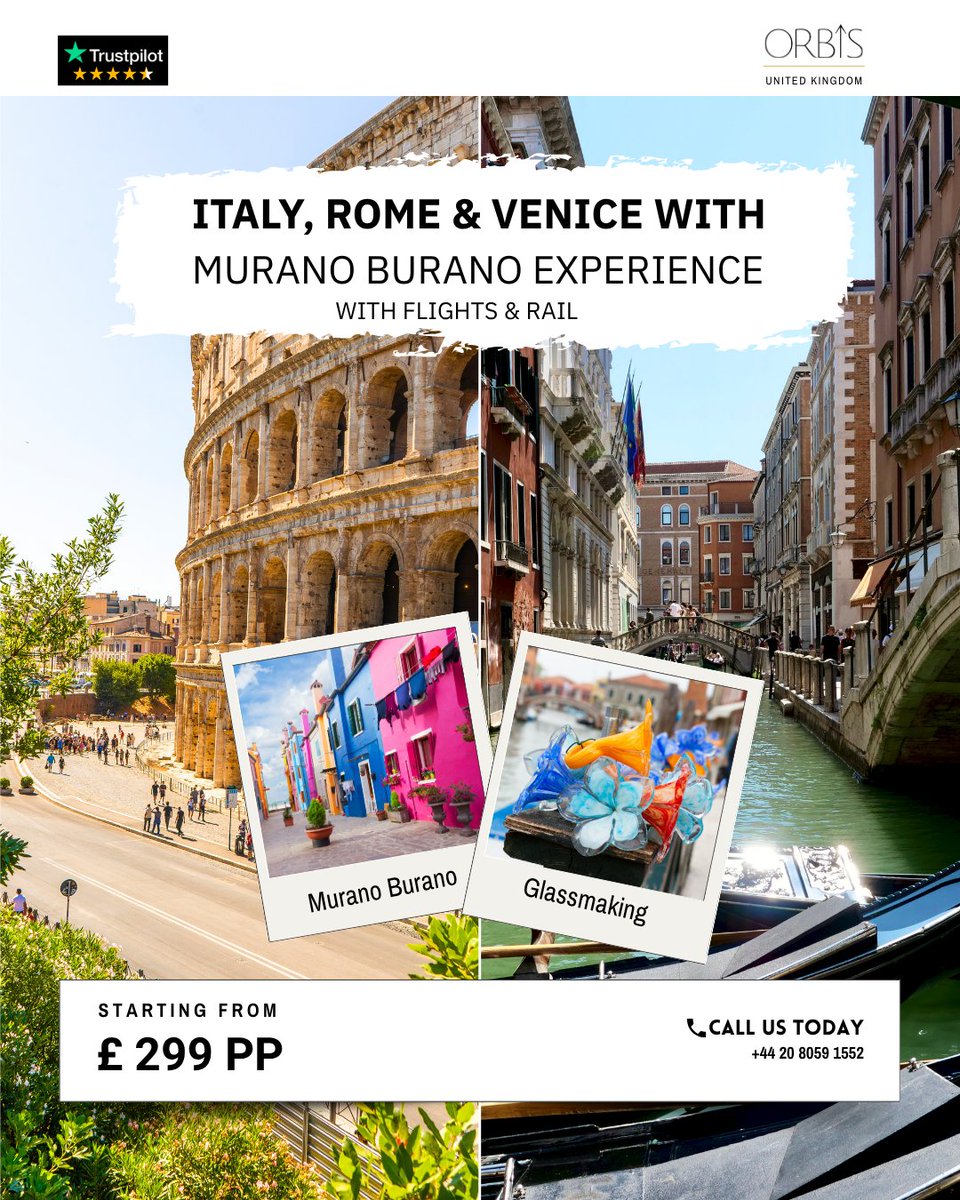 OrbisTravelsltd's tweet image. Roman ruins to Venetian views… and Burano’s colours in between 🇮🇹✨

4 nights across two iconic cities, starting from £299PP 🚆

Book now!⬇️ orbistravels.co.uk/topdealsdetail…

#ItalyTravel #RomeToVenice #VeniceCanals #BuranoIsland #TravelDealsUK
