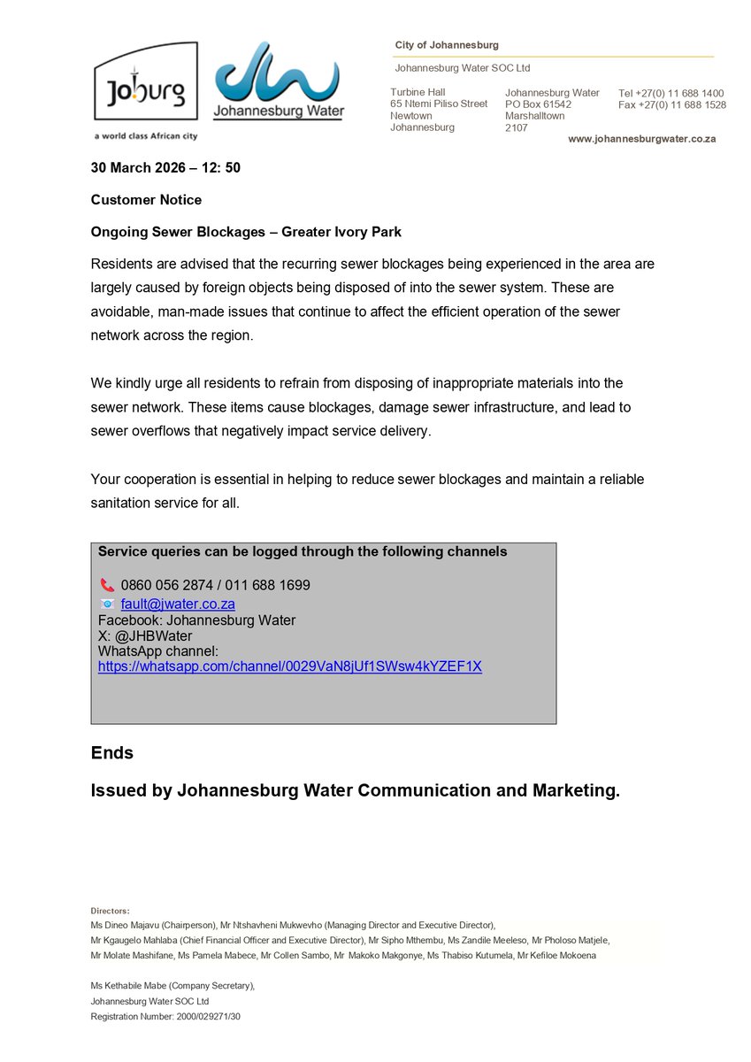 JHBWater's tweet image. #Joburg Updates: Ongoing Sewer Blockages, Greater Ivory Park
^PK