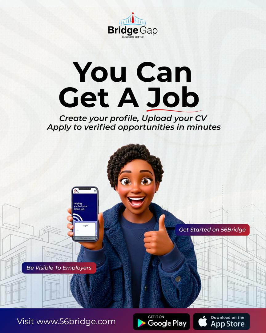 bridgegapng's tweet photo. Stop searching blindly, Get better opportunities

Create your profile on 56Bridge and get access to verified job opportunities that match you.

Start today.

#56bridgeapp #jobopportunity #recruitment #applynow https://t.co/9b03tg50Q9