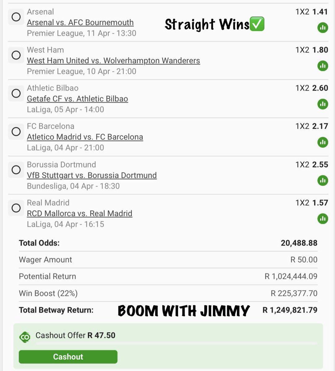 jimmyabza_za's tweet photo. Straight Wins🚀✍️✍️✍️✍️✍️

R1M💰💰💰💰💰

BW49C6BA66 
15:30 04 April✅

Link: https://t.co/XhQAatMjCf

Let’s Boom🎉🎉🎉🎉🎉🎉🎉🎉 https://t.co/bOCzMfG1Mv