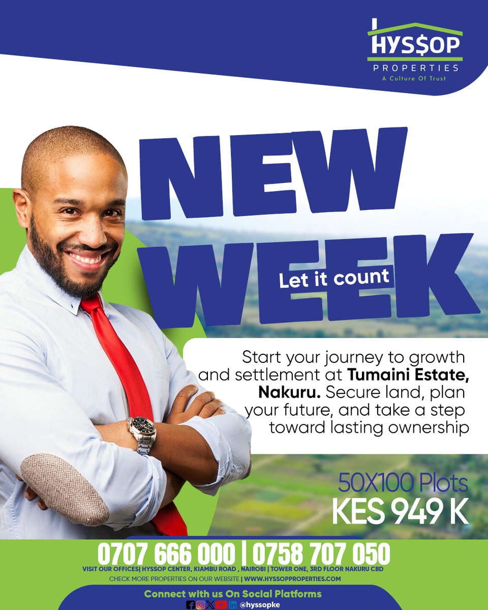 hyssopke's tweet photo. 𝐍𝐞𝐰 𝐰𝐞𝐞𝐤. 𝐍𝐞𝐰 𝐠𝐨𝐚𝐥𝐬. 𝐎𝐰𝐧 𝐥𝐚𝐧𝐝.
50x100 plots at Tumaini Estate, Nakuru for just KES 949K 
Secure your future before someone else does 
📞 0707 666 000 | 0758 707 050 
🌐 https://t.co/otc1cDq5vq
#LandForSale #NakuruRealEstate #HyssopProperties #KenyaRealEstate https://t.co/0uOxZl25t8