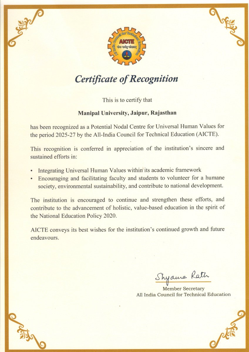 Jaipur_Manipal's tweet image. Manipal University Jaipur recognized as a Potential Nodal Centre for Universal Human Values at the AICTE VC Conclave (28 March 2026).

Conferred by Chairman Prof. Yogesh Singh. A proud step toward value-based education.

#AICTE #UHV #Achievements