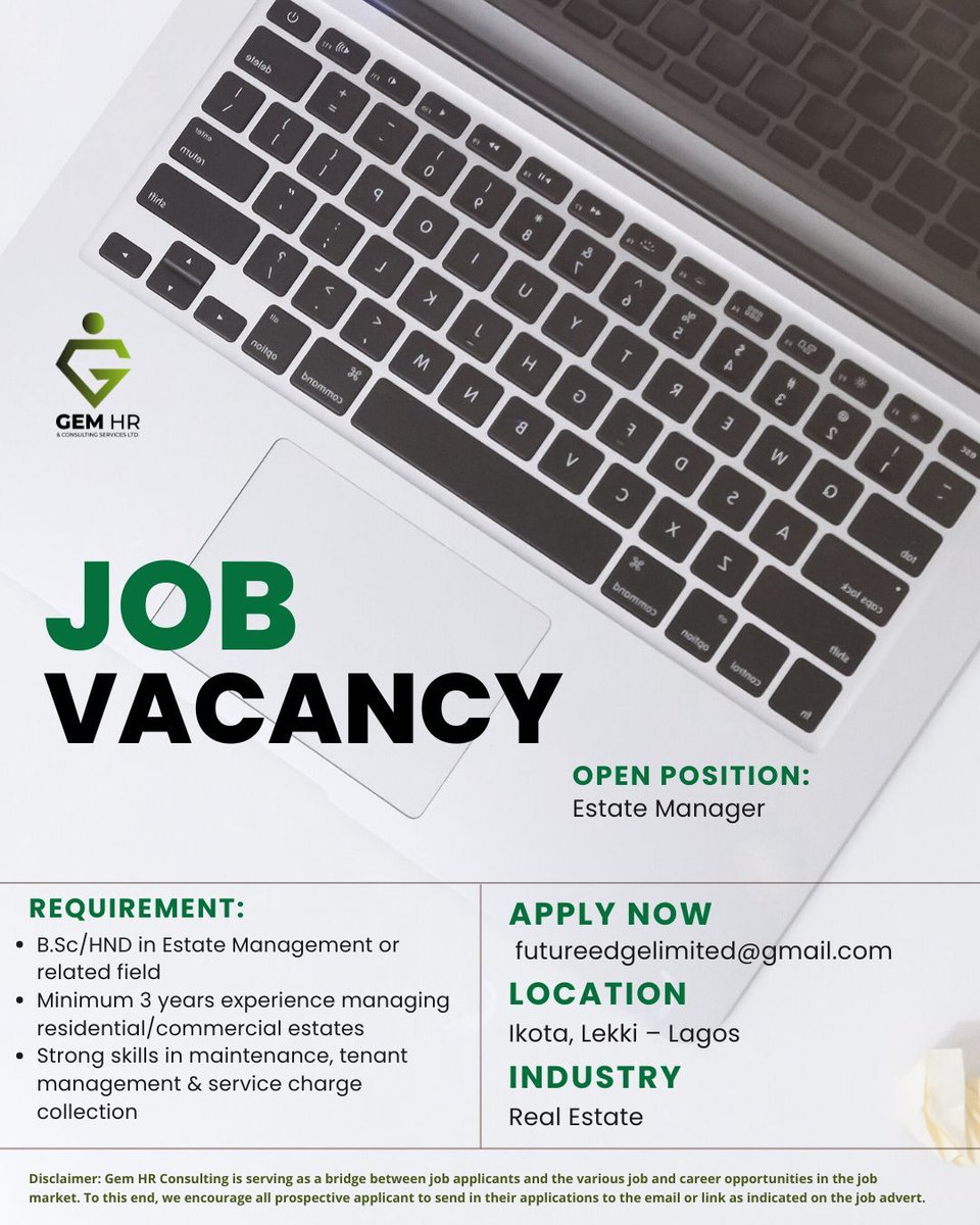 gem_hr's tweet image. 🔥Urgent Hiring: Estate Manager!🌟Lead and impact the real estate Industry! Location: Ikota, Lekki.💌APPLY: futureedgelimited@gmail.com⏳Act fast—this opportunity won't last! 👥 Know someone ideal? Tag them! #estatemanager #estatemanagers #realestatemarketing #ikotalekki