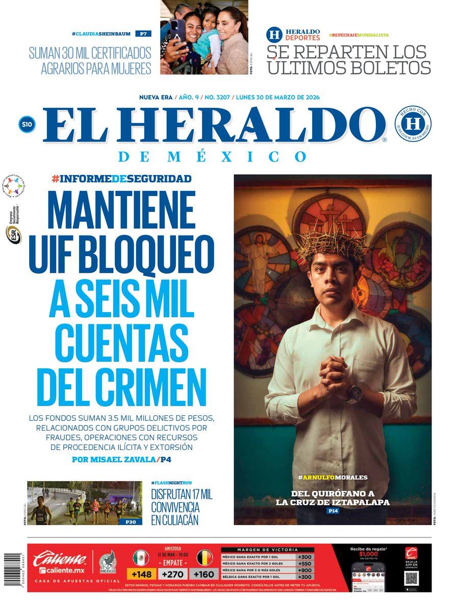 #EnPortada de El Heraldo de México:

🔵 Del quirófano a la cruz de Iztapalapa
🔵 Suman 30 mil certificados agrarios para mujeres
🔵 Disfrutan 17 mil convivencia en Culiacán

➡️ bit.ly/34ubeFD