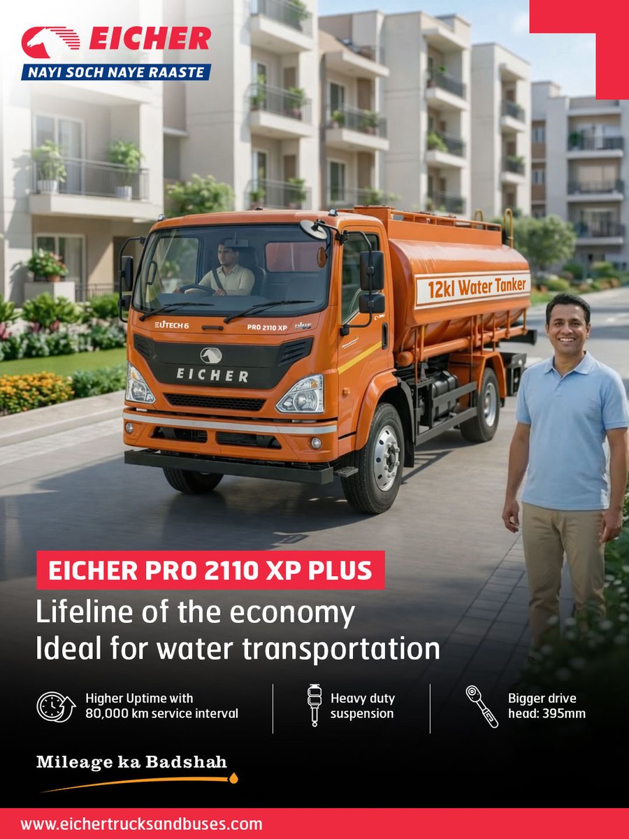 ETBIndia's tweet image. Eicher Pro 2110XP Plus is built tough for #WaterTransport with #HeavyDuty suspension, bigger drive head, and longer service intervals — delivering reliable uptime and efficient performance to keep your business flowing

For more details, reach out at 📞 1800 102 3531

#DriveSmart
