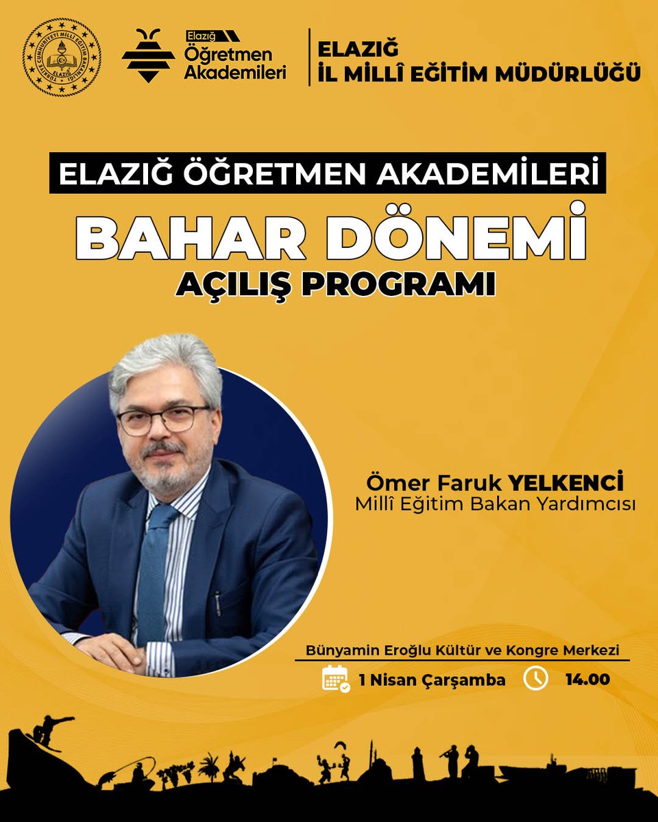 📍Elazığ Öğretmen Akademileri Bahar Dönemi Başlıyor 
Elazığ Öğretmen Akademileri Bahar Dönemi; Milli Eğitim Bakan Yardımcımız Sayın Ömer Faruk YELKENCİ’nin katılacağı Açılış Programı  ile 1 Nisan 2026 Çarşamba günü Saat 14.00’te Bünyamin Eroğlu Kültür ve Kongre Merkezinde