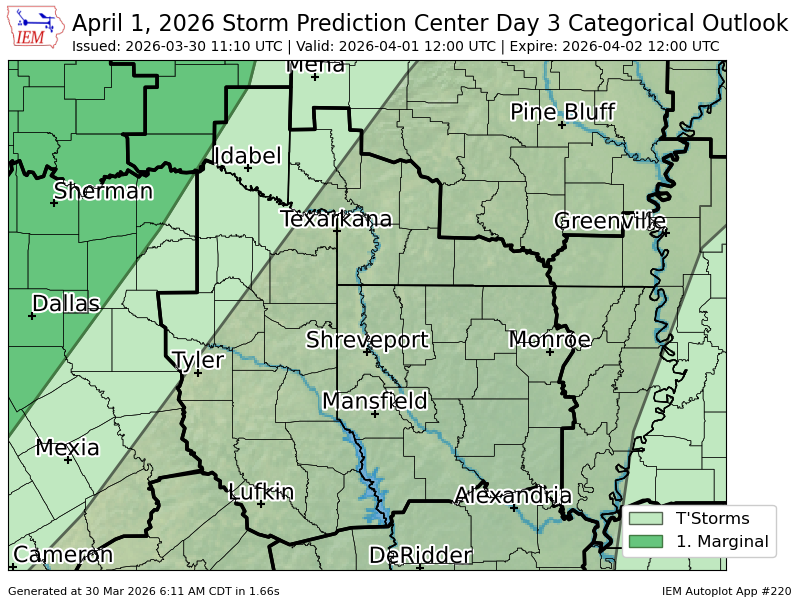 #SPC issues Day 3 Marginal Convective Risk at Mar 30, 11:10z for SHV spc.noaa.gov/products/outlo…