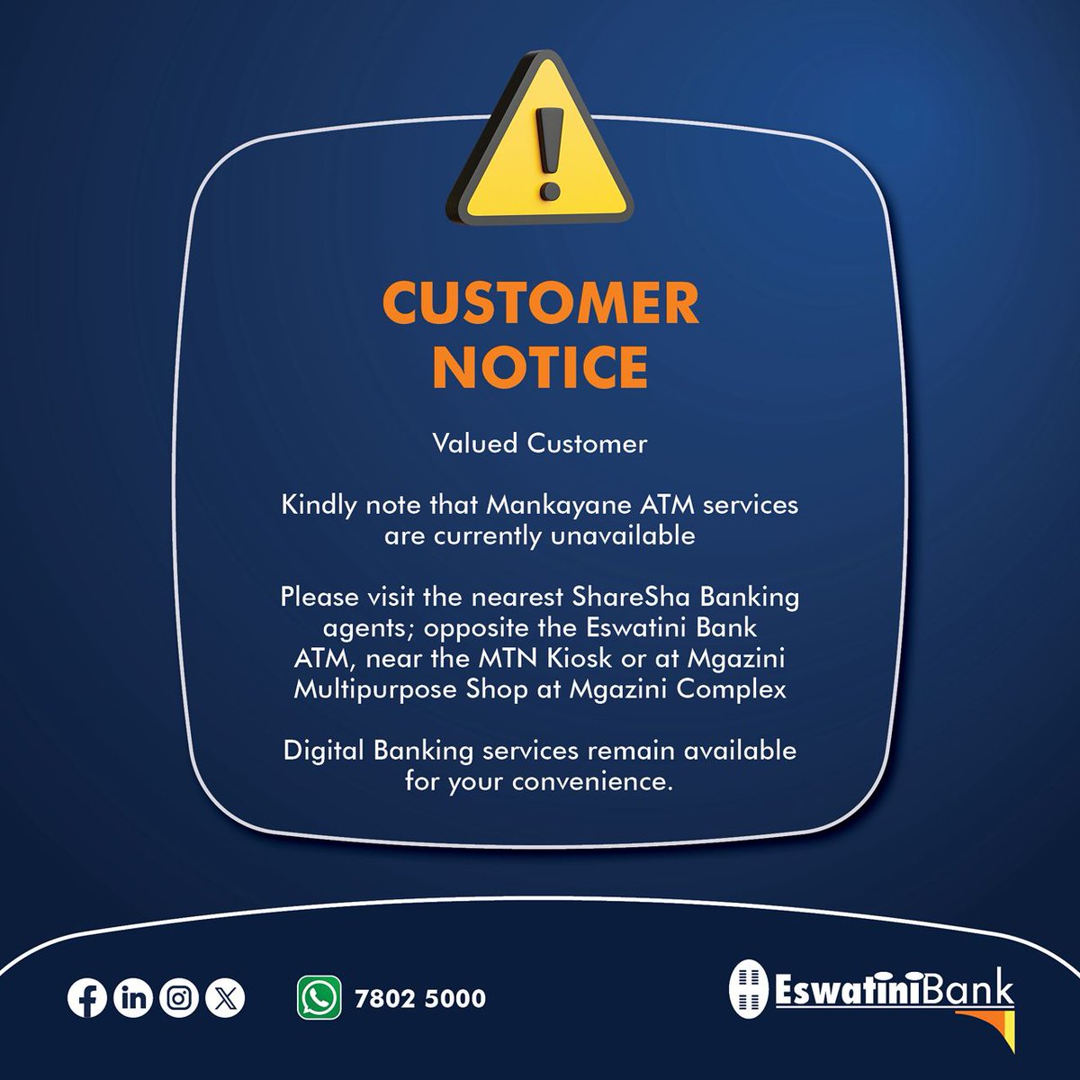 EswatiniB's tweet image. Mankayane ATM services are currently unavailable.
Please use nearby ShareSha agents or digital banking for continued access. 📲
#EswatiniBank #LibhangeLesive #CustomerNotice #DigitalBanking