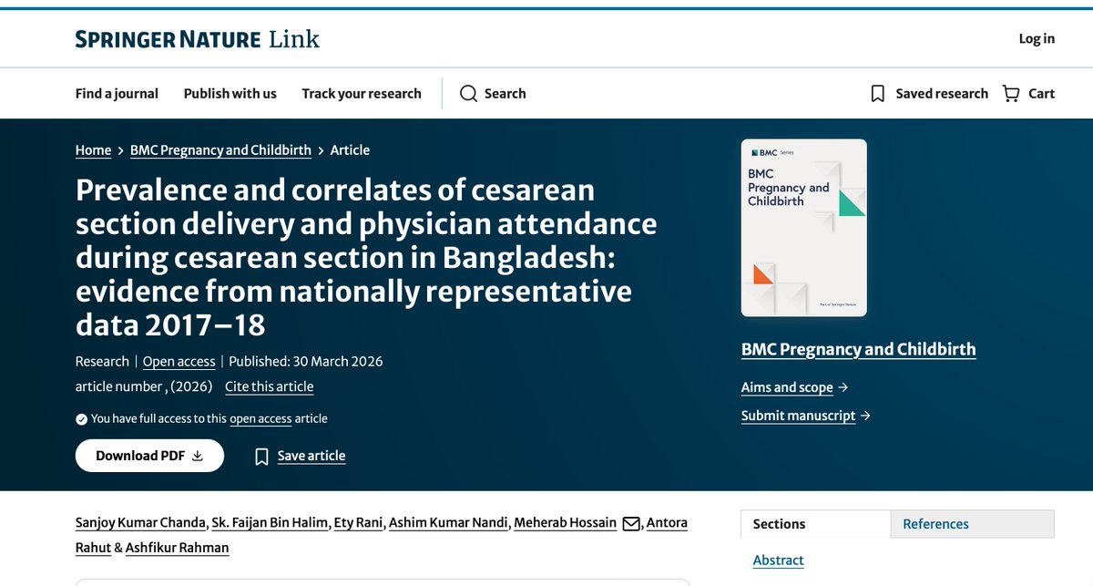 nandiashim429's tweet photo. The C-section rate in Bangladesh is 33%, but only 24.3% of these procedures were attended by a physician.
New paper in BMC Pregnancy and Childbirth (Q1 journal) 🎉
We find strong disparities by region, age, education &amp; wealth.
🔗 https://t.co/Y6I7OaB7rc https://t.co/3CL1DiKQlJ