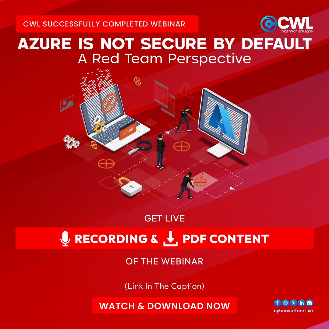 cyberwarfarelab's tweet photo. Missed the live session? Get access to the complete webinar recording + study material and learn from a red team perspective.

👉 Watch here: https://t.co/OG3SV0n6I5

👉Download PDF: https://t.co/bs9B0BUVOg

#AzureSecurity #Webinar #CWL https://t.co/9PNwDwTQpd
