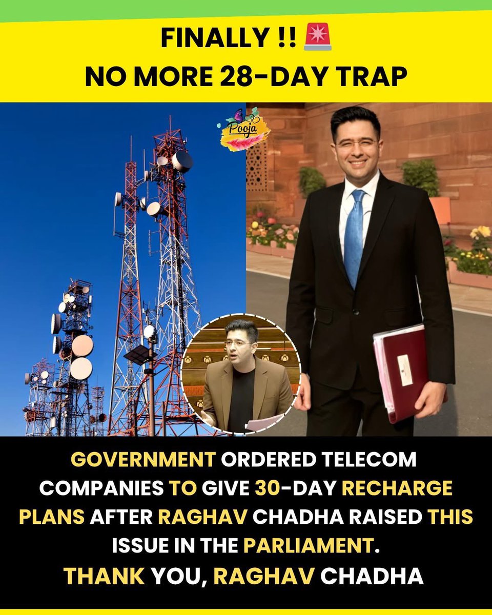 PushpendraTech's tweet photo. Big relief for mobile users across India 📱🇮🇳

In a consumer-friendly move, the government has asked telecom companies to roll out proper 30-day recharge plans, replacing the widely used 28-day cycle. This step is expected to improve transparency and offer better value to everyday users.

The matter came into focus after Raghav Chadha raised it in Parliament, highlighting how shorter recharge cycles were quietly increasing costs for consumers over time.

Though it may seem like a small change, for millions of users it means simpler billing, fewer recharges, and more fairness in the long run 👍

A small reform, but a meaningful step toward user-friendly policies 👏

#TelecomNews #ConsumerAwareness #RechargeUpdate #DigitalIndia #UserFirst