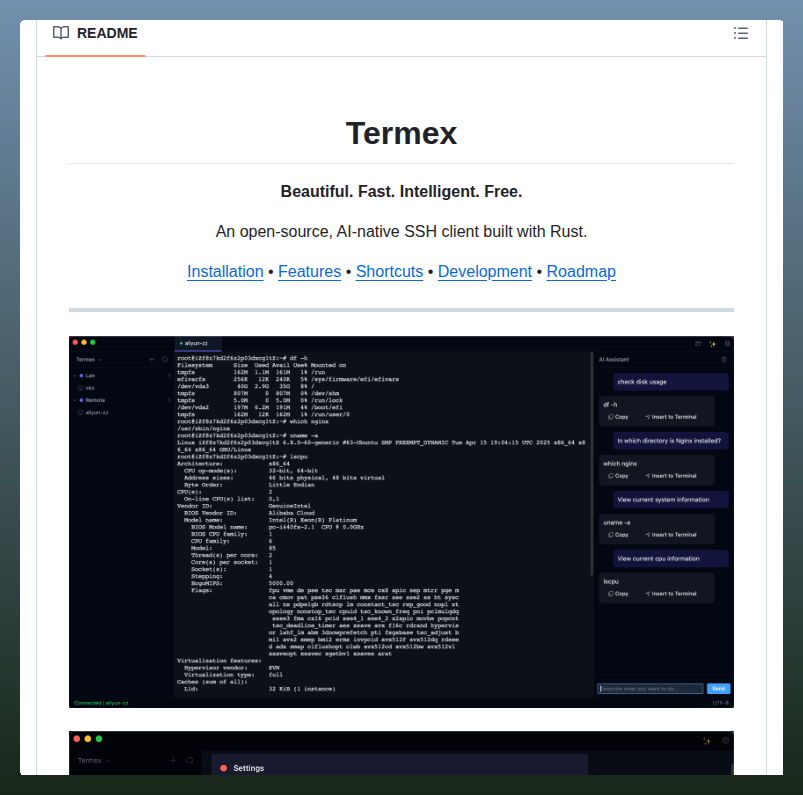 Open-source AI-native SSH client built with Rust https://t.co/3jvxPz6DqT