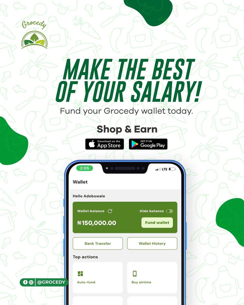 Stop stressing about how fast your salary disappears.

With Grocedy, you can fund your wallet, shop for essentials, and earn rewards while you’re at it! Smart shopping starts here.🫰🏽💚

Download the grocedy app and make every Naira count!

#Grocedy #SmartShopping #SalarySavings
