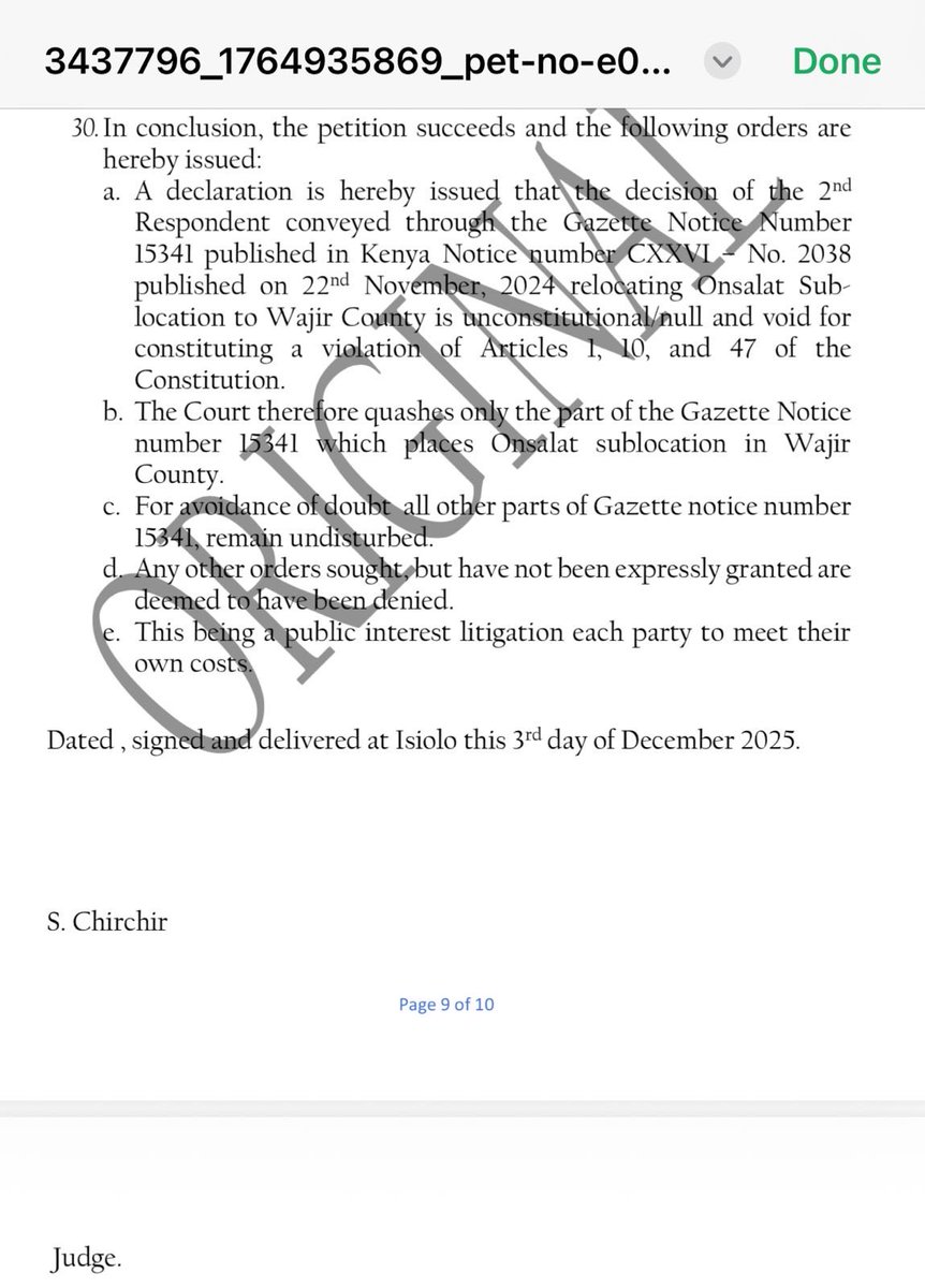 Isiolo County has secured a significant legal victory following a High Court ruling that nullified the purported transfer of Onsalat Sub-location to Wajir County. The judgment effectively restores the area to Isiolo and safeguards the County’s administrative boundaries.

In its