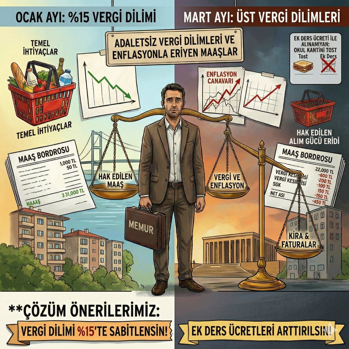 eysensendikasi's tweet photo. Ekonomik Kayıplar ve Vergi Dilimi Adaletsizliği

Maaşların enflasyon karşısında erimesi, ek ders ücretlerinin sembolik rakamlara dönüşmesi ve yılın ilk çeyreğinde girilen üst vergi dilimleriyle maaşların kuşa dönmektedir.

İstanbul veya Ankara gibi büyükşehirlerde görev yapan bir memurun ve öğretmenin maaşının neredeyse tamamı kira ve temel faturalara gitmektedir. Girdiği bir saatlik ek ders ücretiyle okul kantininden bir tost bile alamamaktadır. Nisan ayına gelindiğinde vergi dilimi kesintisi yüzünden aldığı maaş, Ocak ayındaki alım gücünün çok gerisine düşmektedir.

Bu yüzden biz EYSEN olarak  memurların vergi dilimi %15’te sabitlenmelidir. Ek ders ücretleri, güncel ekonomik göstergelere ve memur maaş katsayısına kalıcı olarak endekslenerek en az %100 oranında artırılmasını istiyoruz.