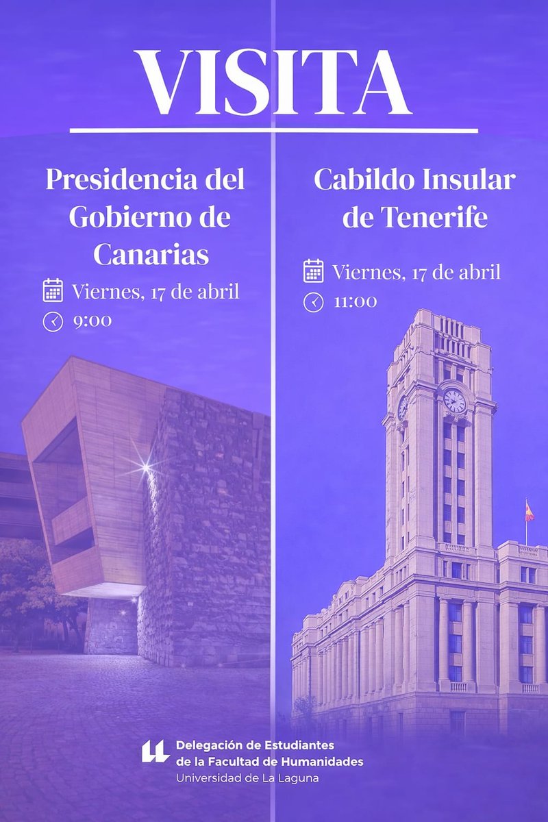 delehumaULL's tweet photo. 📢 Visita institucional – 17 de abril

La Delegación organiza una visita a:

🏛 Presidencia del Gobierno de Canarias
🏛 Cabildo Insular de Tenerife

🗓 Viernes 17 de abril
🕘 9:00 horas
📍 Punto de encuentro: Presidencia del Gobierno de Canarias en S/C de Tenerife https://t.co/EhVdK5wQ3Y