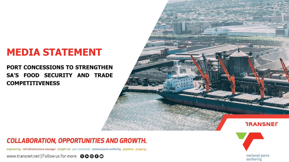 TransnetNPA's tweet photo. Media Statement]

@TransnetNPA (TNPA) has taken a decisive step to advance South Africa’s food security and improve global trade competitiveness by awarding two landmark concessions in the Maydon Wharf Precinct at the Port of Durban. 

African Port Logistics and Infrastructure (Pty) Ltd, trading as KHOLD, has been appointed as the preferred bidder to handle fresh produce and compatible break-bulk cargo. Meanwhile, the BAL SA & Africa Global Logistics Consortium is appointed as the preferred bidder for the development and management of a multi-purpose terminal to handle agricultural dry bulk and other compatible cargo.

These concessions align with Transnet’s Reinvent for Growth Strategy, which focuses on transforming port operations, aligning with national priorities to improve efficiency and boost South Africa's economic growth. 

Click here to read more: https://t.co/Ty6pSD8n7L
