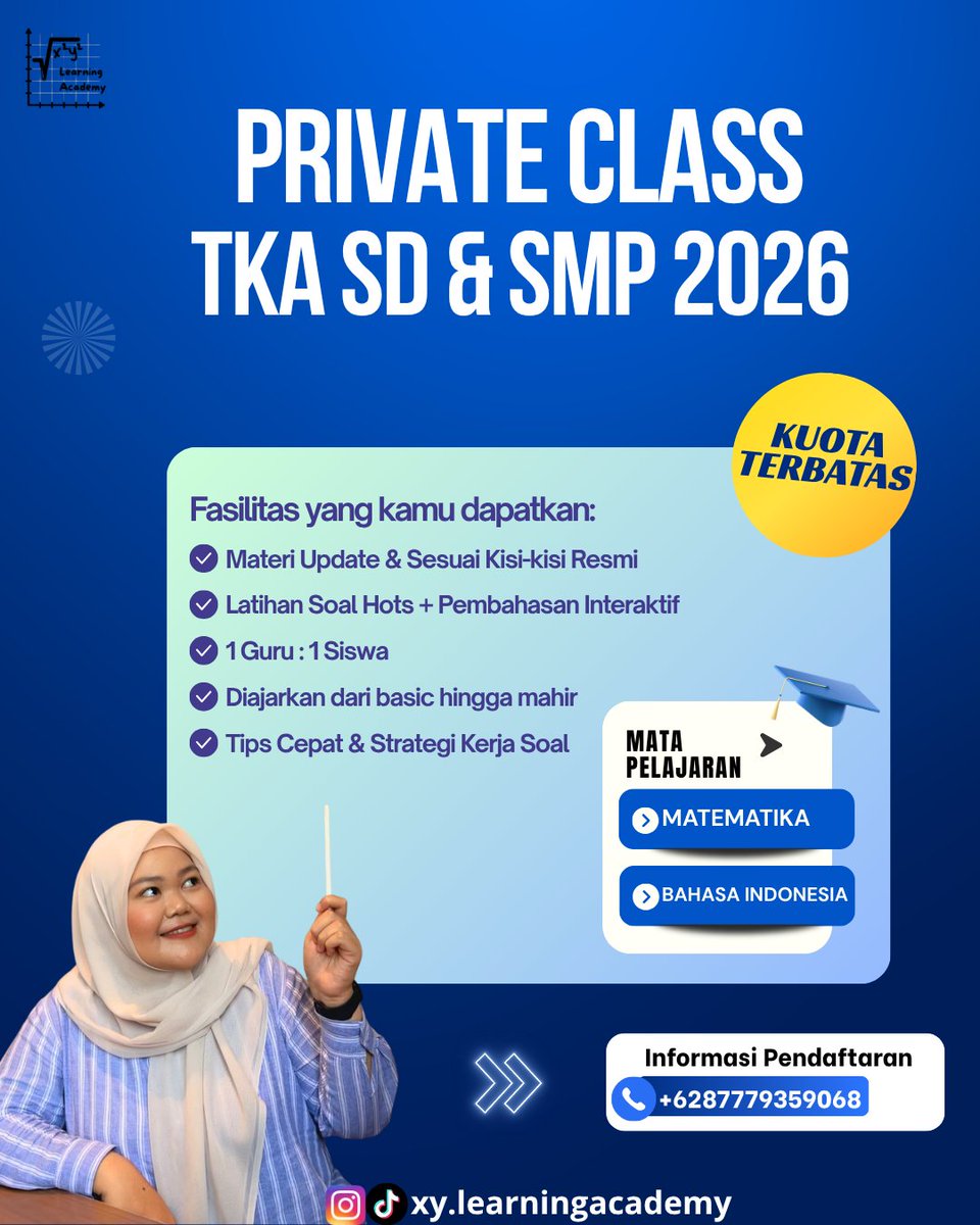 learning_xy's tweet photo. BEBERAPA HARI LAGI UJIAN TKA SD &amp; SMP DILAKSANKAN! 🔥🔥🔥

Buat kalian yang pengen belajar intensif, silakan klik link di bio atau hubungi nomor dibawah ini yaa:
📞 +6287779359068 (WhatsApp)

#tkasmp2026 #tkasd2026 #tka #lesprivatetka #lesprivateonline #studywithnewbie https://t.co/MvdK2MMjuR