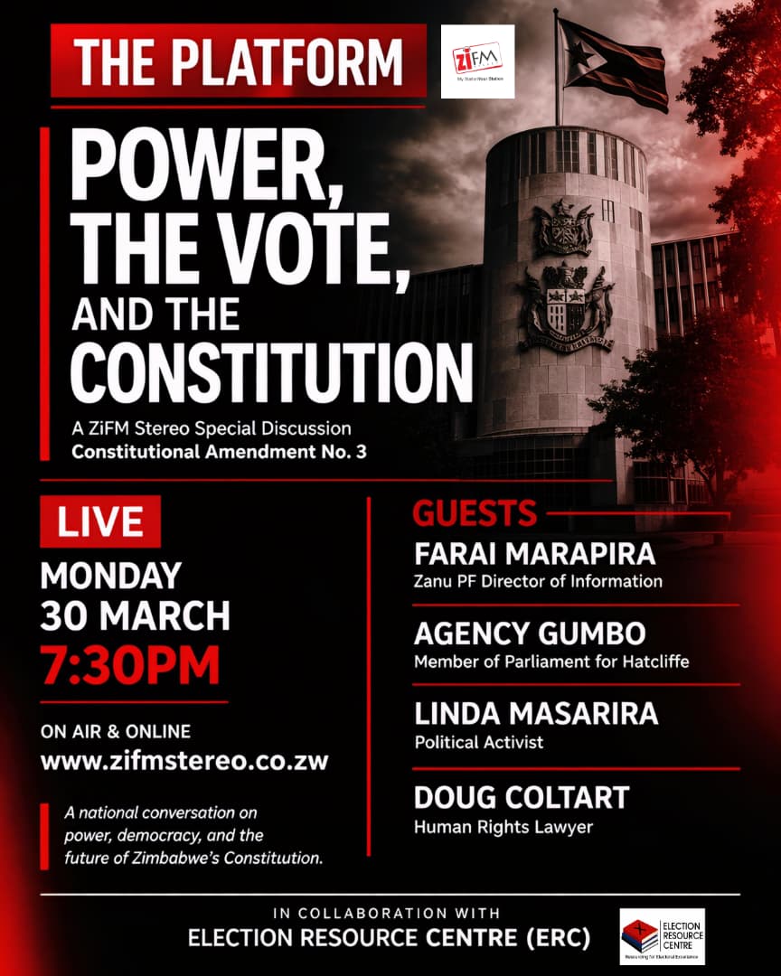 ercafrica's tweet photo. Constitutional Amendment No. 3 and what it means for power, governance, and the future of Zimbabwe.

Featuring Farai Marapira, Agency Gumbo, Linda Masarira, and Doug Coltart.

TODAY 30 March | 7:30PM on @ZiFMStereo 
#CAB3 #ElectionsZW https://t.co/KsdsnOuxzS