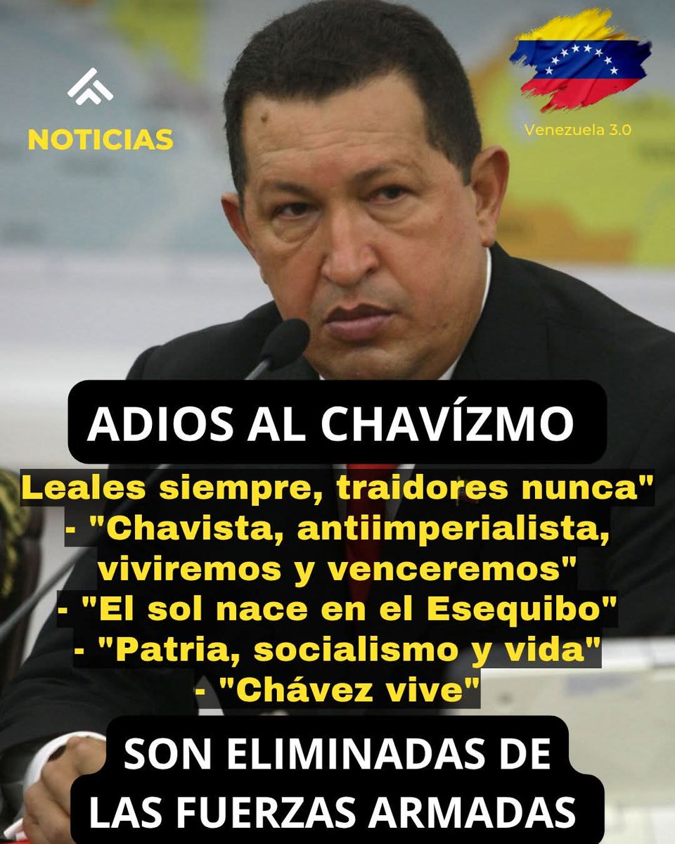 También deben eliminar "chavez vive" "patria, socialismo y muerte venceremos" nada de eso debe ser y hagan respetar las fuerzas Armadas cómo lo era antes de todas esas desgracias qué han dañado a las Fuerzas Armadas Nacionales.