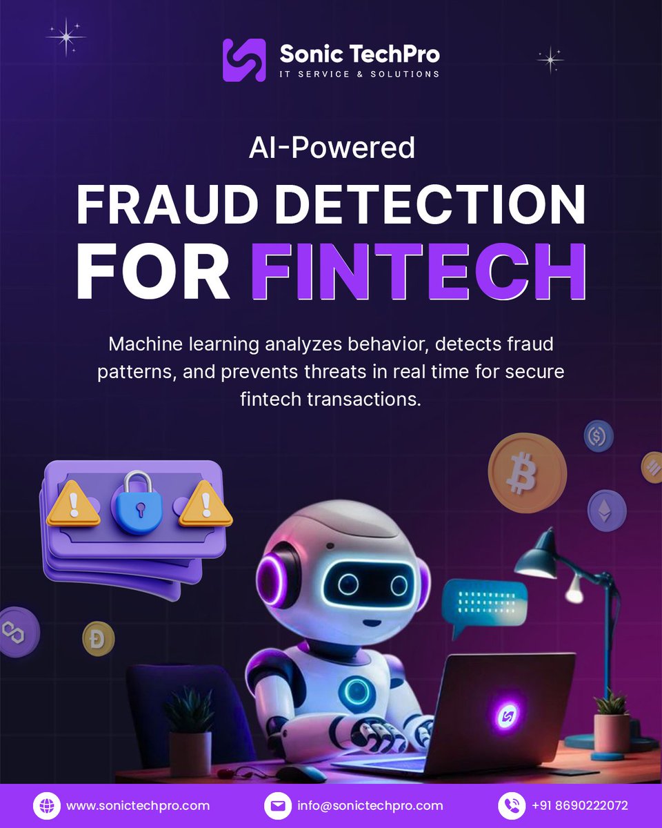 SonicTechPro's tweet photo. AI-Powered Fraud Detection for Fintech

Fraud is getting smarter—but AI is faster.

Real-time detection. Smarter decisions. Safer transactions.

Building the future of secure fintech with AI.

#Fintech #AI #FraudDetection #CyberSecurity #MachineLearning #DigitalTransformation https://t.co/mVwRfUzX9K