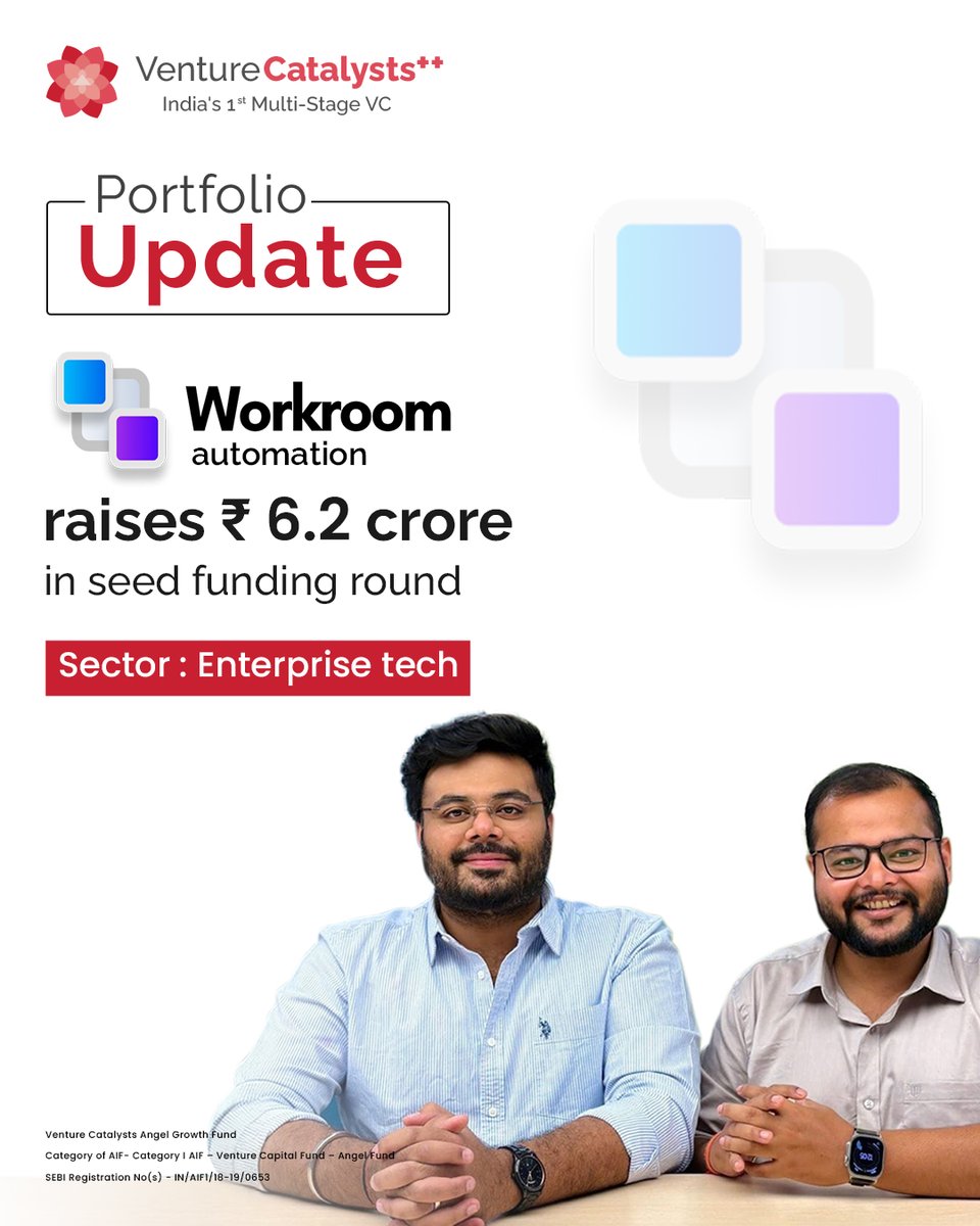 vcatsindia's tweet photo. Portfolio Spotlight: #WorkroomAutomation raises ₹6.2 crore in seed funding
We are pleased to share that our portfolio company, Workroom Automation, has secured seed funding led by Equirus InnovateX Fund. Venture Catalysts, along with Astir Ventures and a group of angel investors, also participated in the round.
Why our conviction continues:
* Streamlining operations through intelligent automation solutions for modern workspaces
* Enhancing productivity and efficiency with tech-driven workflows
* Strong alignment with the rising demand for digital transformation and process optimisation
* Well-positioned to scale as businesses move towards automation-first ecosystems
This milestone marks a significant step forward for Workroom Automation as it continues to build the future of efficient, tech-enabled workplaces.
Read more: https://t.co/3F4xIM5s4s
#VentureCatalysts #WorkroomAutomation #PortfolioSpotlight #SeedFunding #Automation #FutureOfWork #DigitalTransformation #StartupFunding #IndianStartups