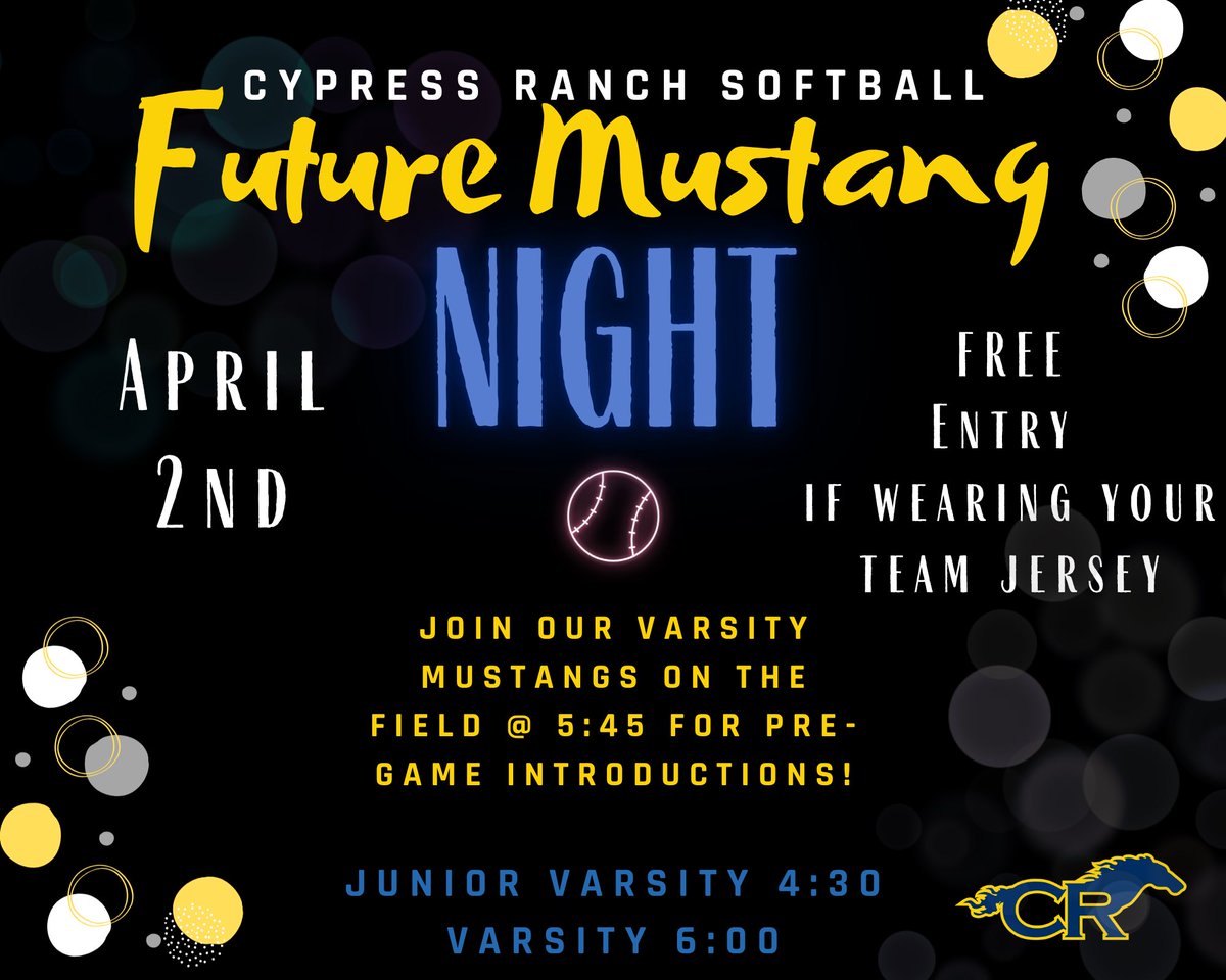 CyRanchSoftball's tweet photo. Join us on April 2 for Future Mustang Night and experience game day with our softball program!
Arrive by 5:45 PM for a special opportunity to be on the field during pregame announcements. FREE admission w/jersey!
We can’t wait to see the next generation of Mustangs out there 💙 https://t.co/rdfcEP6Hq7