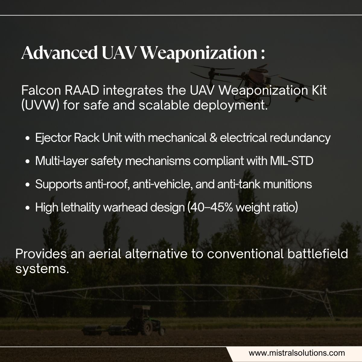 MistralSoln's tweet image. Time-sensitive missions demand precision and rapid deployment.
Falcon RAAD enables controlled payload deployment with modular weaponization and multi-layer safety mechanisms.
#UAV #DefenceTechnology #AutonomousSystems #MistralSolutions