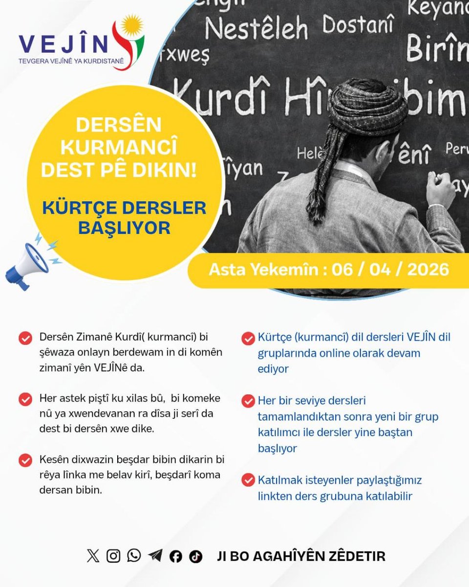 PCSerbixwe's tweet photo. 📢 DERSÊN KURMANCÎ (KÜRTÇE KURMANCİ DERSLERİ)

🔴Dersên Kurmancî ji bo sê astan dîsa ji serî da dest pê dikin. (Kürtçe Kurmanci dersleri üç seviye için yine baştan başlıyor.)

🔴Asta Destpêkê (Başlangıç Seviyesi grup linki)⤵️
https://t.co/rukBn105Eo

🔴Asta Yekemîn (Birinci Seviye grup linki)⤵️
https://t.co/xlaiHjgs4p

🔴Asta Duyemîn (İkinci Seviye grup linki)⤵️
https://t.co/XwQNZg8ULg