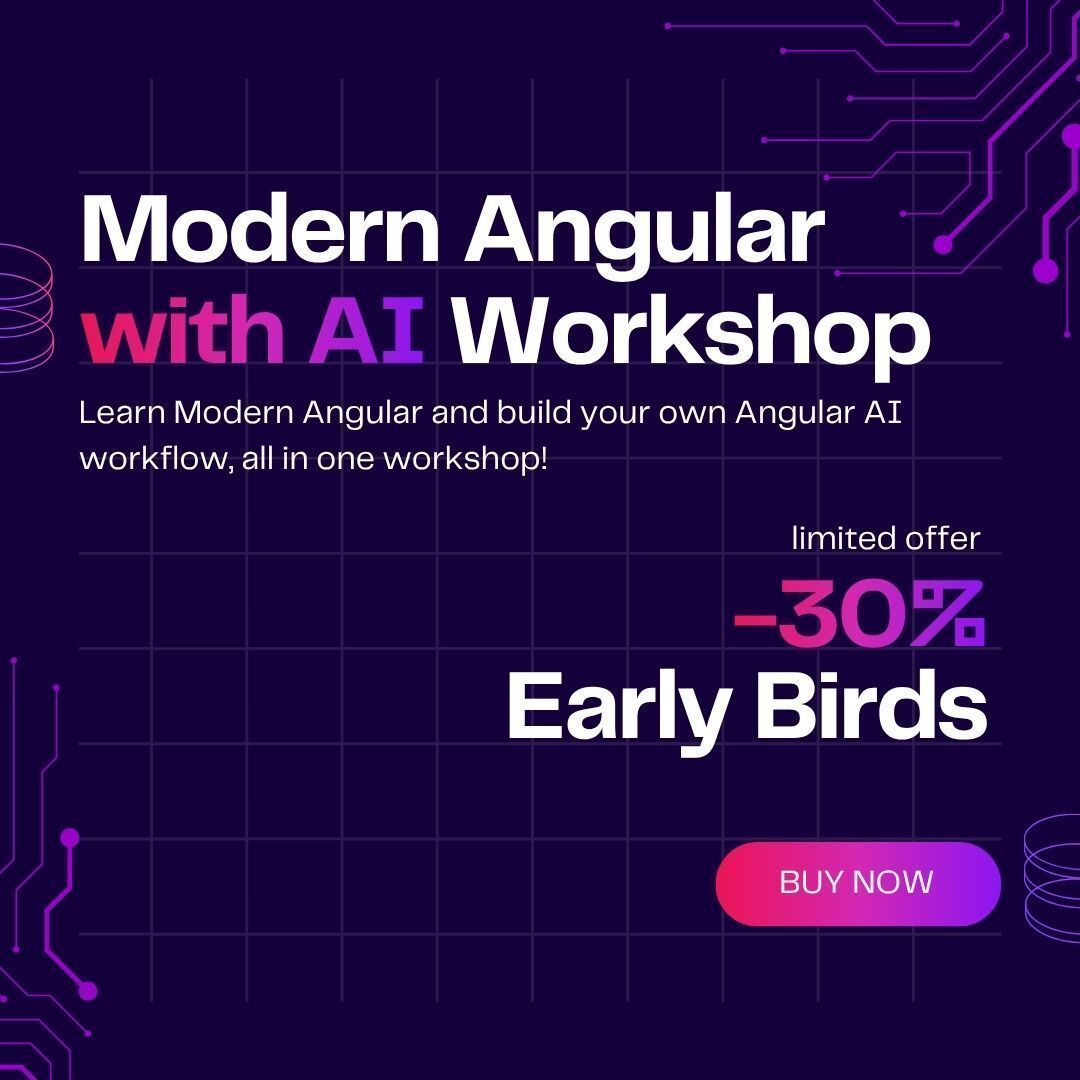 AngularLovePL's tweet photo. Use AI in #Angular like a PRO 👇

AI is a huge topic in tech right now. These days, using it proficiently is how you stay in the game.

That’s why we added an #AngularAI module to our #ModernAngular Workshops as soon as we could! 🥳

Now, you’ll also learn how to:
🔹 Connect AI to a live Angular app
🔹 Work with agentic AI that observes, checks, and fixes its own output
🔹 Use AI to test user flows
🔹 Make AI verify layouts, responsive behavior, and rendering edge cases
🔹 Build a practical Angular-specific AI workflow
🔹 Give AI feedback, so it can validate real UI and not just generate code

⭐ -30% Early Bird promo extended until April 3! ⭐ 

So, what are you waiting for?

Check workshop agenda: https://t.co/wCSTTNGAeY