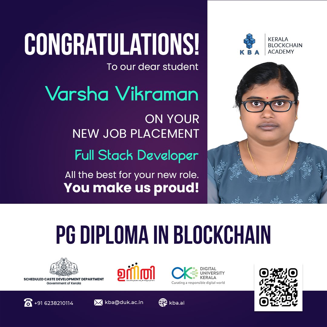 kbaiiitmk's tweet image. 👏 Proud moment for KBA!
Our PG Diploma graduate, Varsha Vikraman, has been placed as a Full Stack Developer.
Wishing you continued success ahead! 🌟
#CareerGrowth #TechJobs #Blockchain #Developer #PMAJAY #Development #Empowerment #Tech #Placement #InclusiveGrowth #SCDD #unnathi