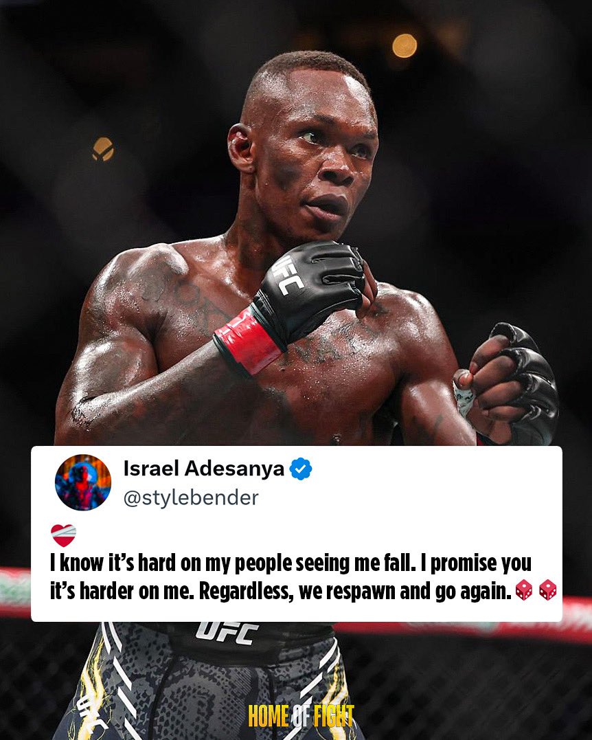 Home_of_Fight's tweet image. 💔 Israel Adesanya speaks out on his losses:

"I know it’s hard on my people seeing me fall. I promise you it’s harder on me.

Regardless, we respawn and go again."

via @stylebender