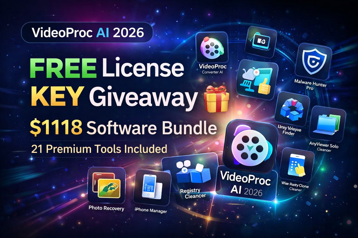 RLXOFF's tweet photo. 🔥 VideoProc AI Giveaway 2026 – FREE $1118 Software Bundle! 🎁

🔗 Link 👉 https://t.co/0CqB0Sm101

💻 Get access to 21 Premium Tools completely FREE for a limited time!

#Giveaway #FreeSoftware #TechDeals #SoftwareGiveaway #AItools #AIVideo #VideoEditing #FreeDownload #Leaked https://t.co/Kzrc675o6V