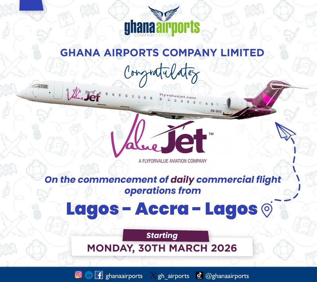 gh_airports's tweet image. We are delighted to welcome the inaugural flight of ValueJet Airlines to Accra International Airport, a significant milestone in strengthening regional connectivity and integration.

#GACL
#AIA
#ValueJetAirlines
#Inauguralflight