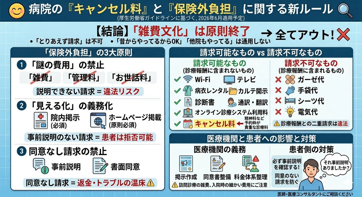 drlion1111's tweet photo. 【安堵😌】やっと病院の「キャンセル料」が合法に取れるようになりました。
（医師＆医療コンサルタントが解説🔍）

◾️今回の話
厚労省が、
「『療養の給付と直接関係ないサービス等の取扱いについて』の一部改正について」という文章を発表し、
「病院が患者から取っていいお金」を大幅に整理しました。
→2026年6月から適用されます。

◾️まずは、結論から
 「雑費文化」は完全終了
・とりあえず請求
・昔からやってるからOK
・他院もやってる
→全部アウトになります。

◾️整理ポイント①
「謎の費用」は禁止
・雑費
・管理料
・お世話料
→中身が曖昧な請求は全てNG

つまり、
「説明できない請求＝違法リスク」です。

◾️整理ポイント②
料金は「見える化」する義務あり。
・院内掲示 必須
・ホームページ掲載 原則必須
→「こっそり請求」はできなくなります。

患者側は、
「事前に知らされてない費用＝拒否可能」です。

◾️整理ポイント③
同意なし請求はNG
・事前説明
・書面同意
→これを行わずに請求すると、
返金＋トラブルの温床となります⚠️

◾️厚労省が明確に許可したもの
・Wi-Fi
・テレビ
・病衣レンタル
・診断書
・カルテ開示
・通訳、翻訳
・キャンセル料←
・オンライン診療システム利用料

「診療と直接関係ないサービス」は請求可能です。

◾️アウトなもの
・ガーゼ代
・手袋代
・シーツ代
・電気代
→診療報酬に含まれてるので、二重取りは違法となります。

◾️現場的にはここが地雷
・訪問診療の雑費
・入院時の細かい費用

◾️医療施設への義務
・掲示作成
・同意書整備
・料金体系の整理
が必要です。

◾️患者側の武器
👱「それ事前説明ありましたか？」
を防ぐ必要があります。

「キャンセル」は、精神科など診療時間が規定されている診療科においては、貴重な予約枠を潰してしまう行為です。キャンセル料が合法的に認められたのは大きな変化です。